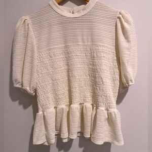 Bagatelle Collection XL Cream White Textured Peplum Blouse Puff Sleeve Top